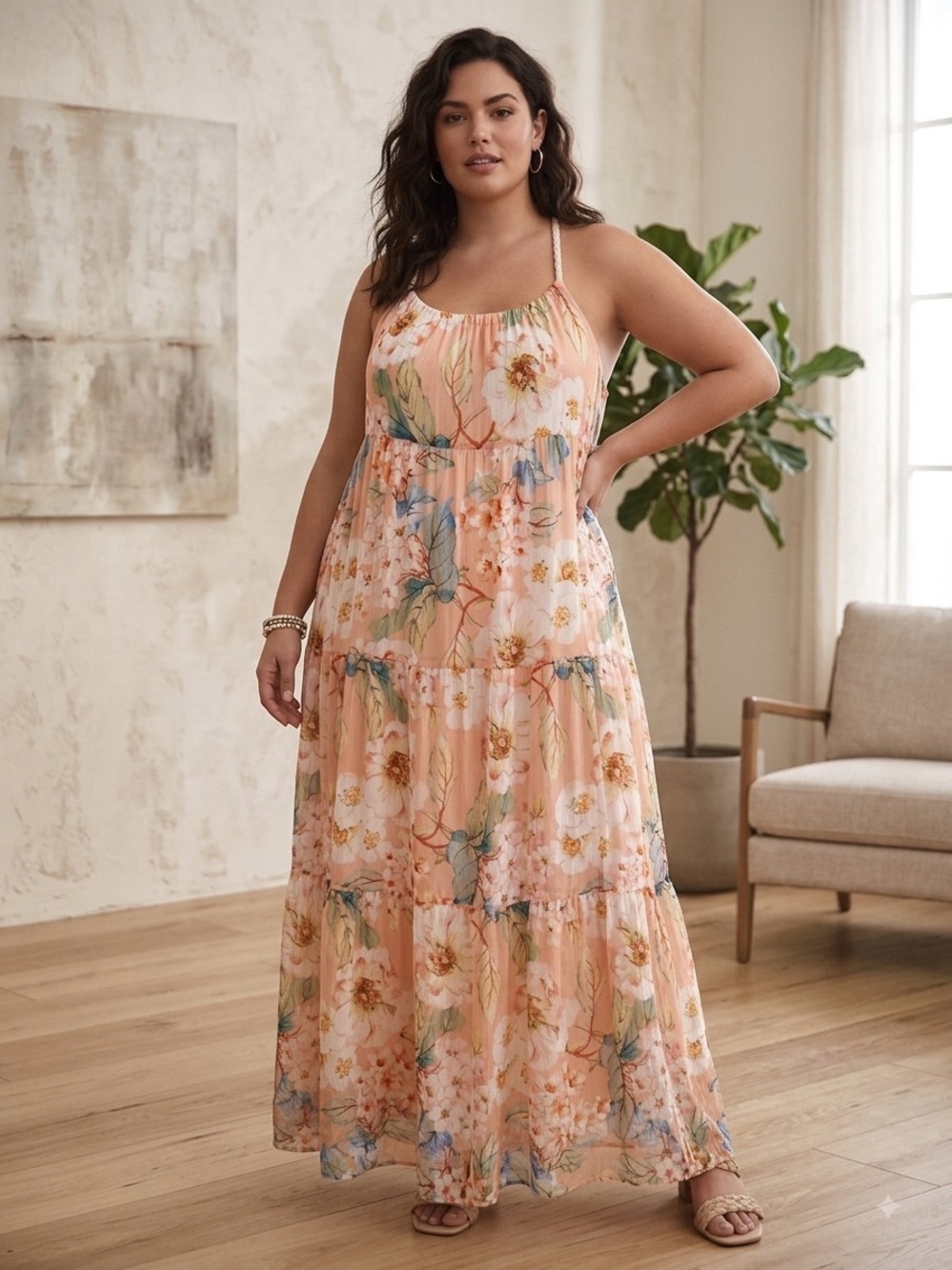 {100$} Elena Baldi Floral Tiered Maxi Dress - Peach Floral